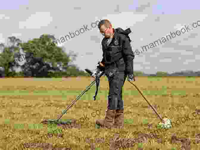 Treasure Hunter Wearing A Hard Hat And Safety Glasses, Using A Metal Detector In A Field. Undiscovered (Treasure Hunter Security 1)